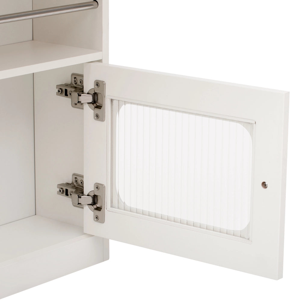 Isola da cucina allungabile bianca con contenitori, LED e prese USB e USB-C