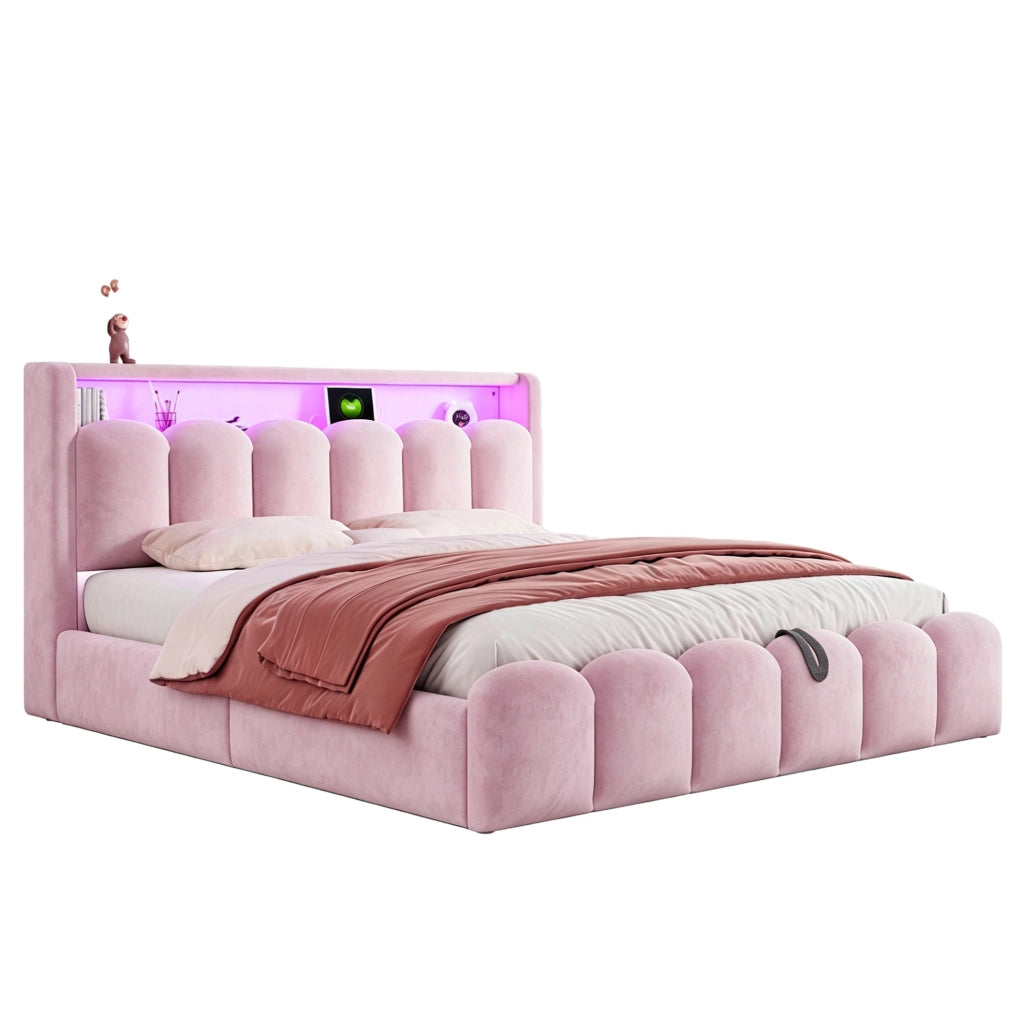 Letto imbottito rosa 180 x 200 cm con contenitore e luci integrate
