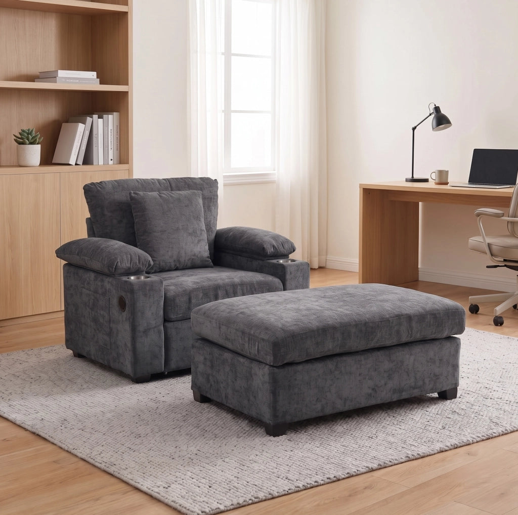 Divano trasformabile grigio scuro con pouf, porta USB e vani contenitori