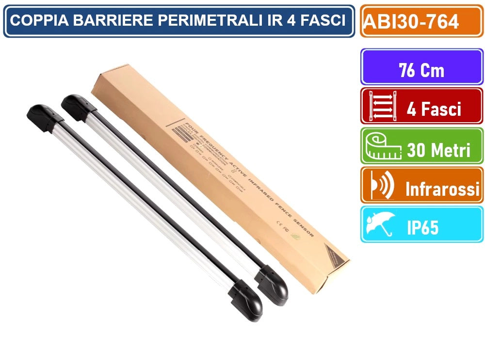 COPPIA BARRIERE PERIMETRALI CABLATE AD INFRAROSSI 76CM 4 FASCI DISTANZA RILEVAMENTO 30 METRI DA ESTERNO IP65