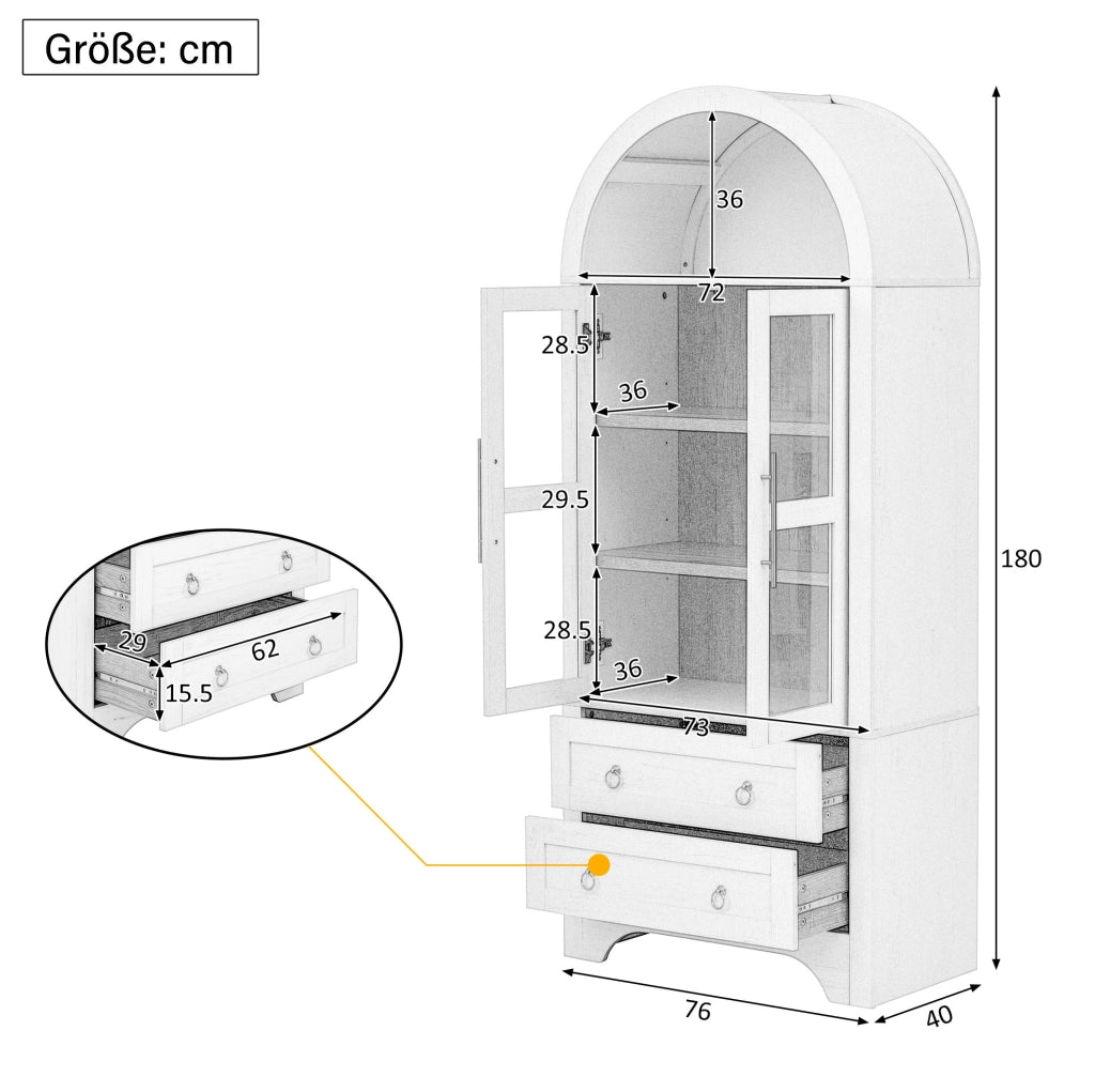 Credenza alta nera con ante in vetro e ripiani regolabili