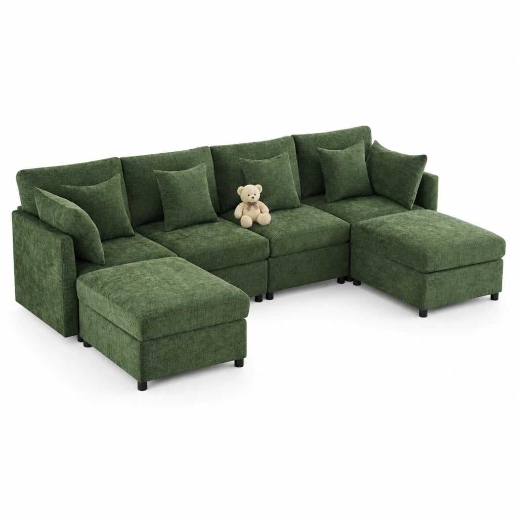 DIVANO modulare 4-6 posti 278x161x81 cm in chenille verde con 2 pouf e 6 cuscini