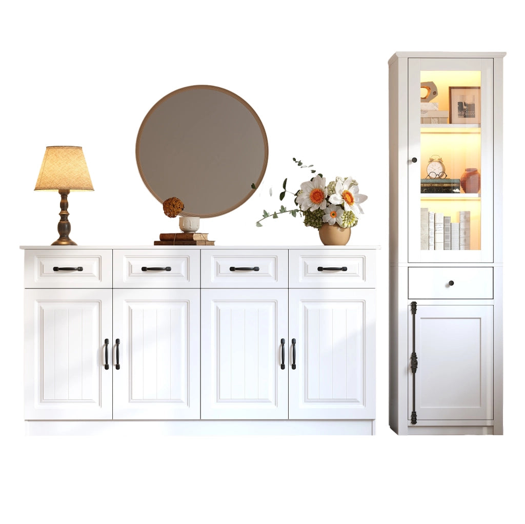 Set credenza e vetrina 160x35x80 e 55x40x200 cm in MDF e vetro; bianco con LED