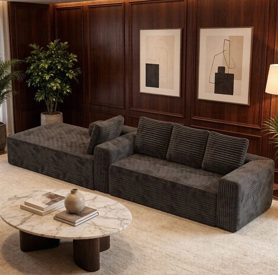 Divano modulare a L con chaise longue in velluto a coste grigio