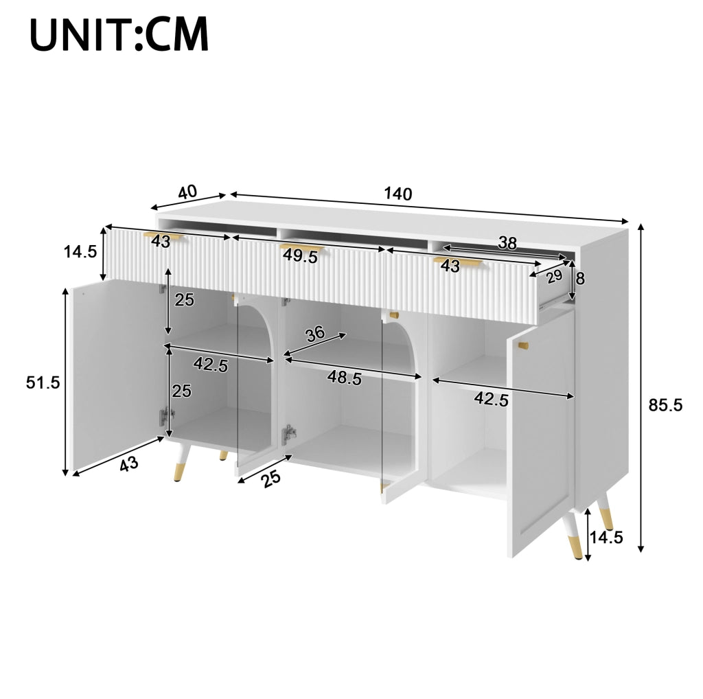 Credenza bianca 140 cm con 4 ante acriliche e 3 cassetti