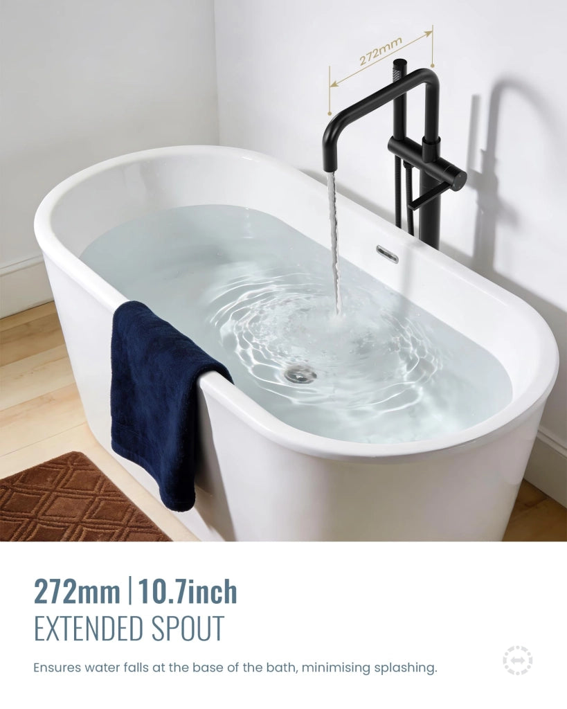 Rubinetto da bagno freestanding con doccetta a mano, montaggio a pavimento, 360° rotante, in ottone, sistema doccia - Nero