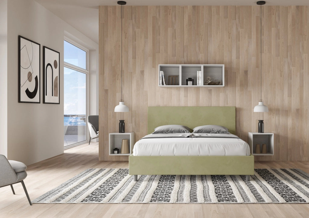 Letto alla Francese in Microfibra 140x210 Con Rete e Contenitore Adele Tè verde