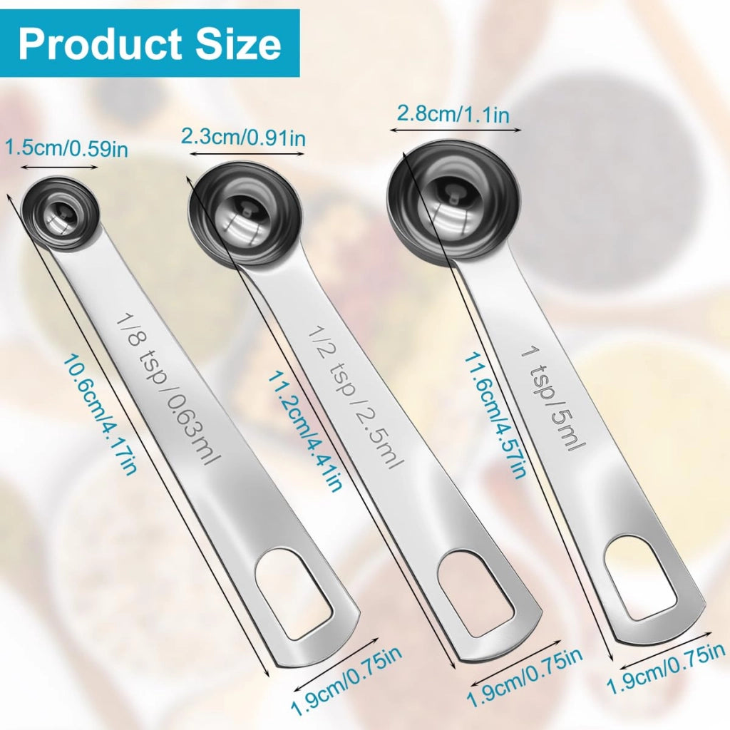 Set di cucchiaini misuratori, 3 pezzi, acciaio inossidabile, capacità 0,63/2,5/5 ml, manico corto
