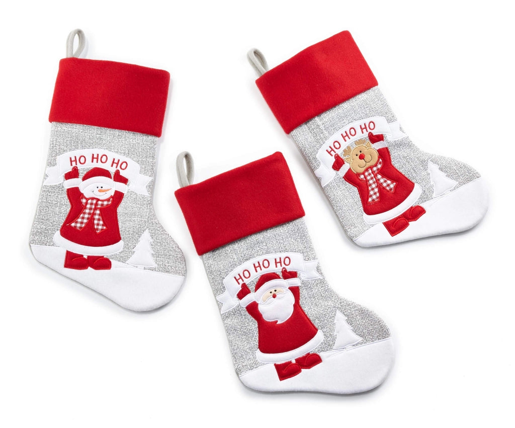 Set di 3 calze natalizie, 41 cm, grigio/rosso