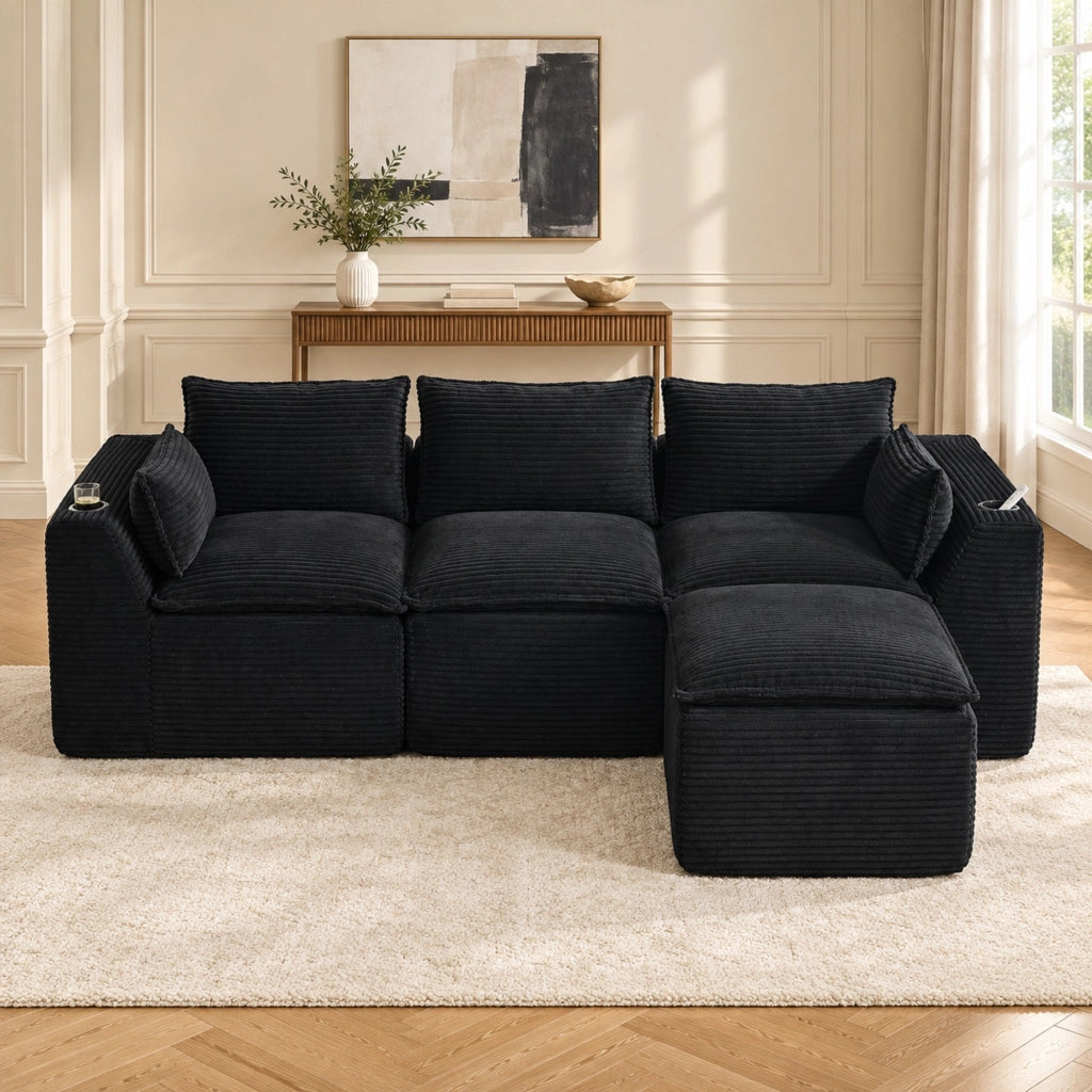 Divano modulare in velluto a coste nero con pouf, 256 cm