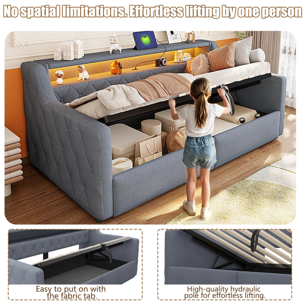 Letto contenitore 90 × 200 cm con LED; porte USB e USB-C; rivestito in lino e MDF grigio