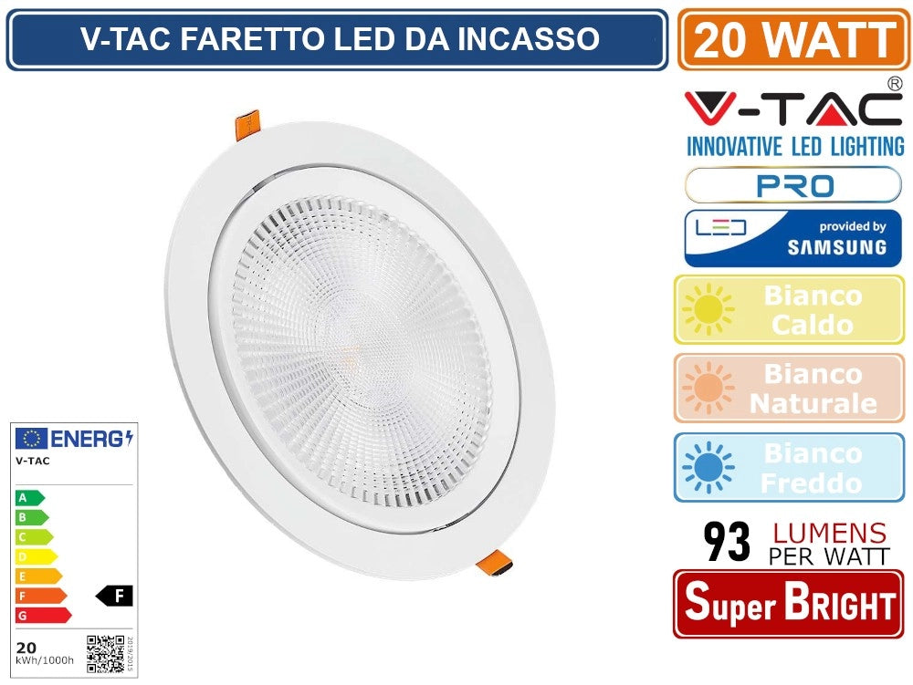 V-TAC PRO VT-2-20 FARETTO LED DA INCASSO ROTONDO 20W COB CHIP SAMSUNG - Colore Luce:Bianco Naturale