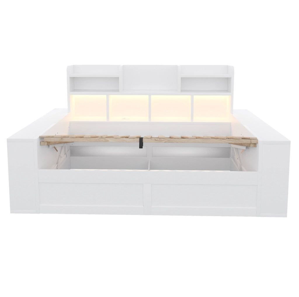 Divano letto singolo 90 x 200 cm bianco con contenitore, LED e prese