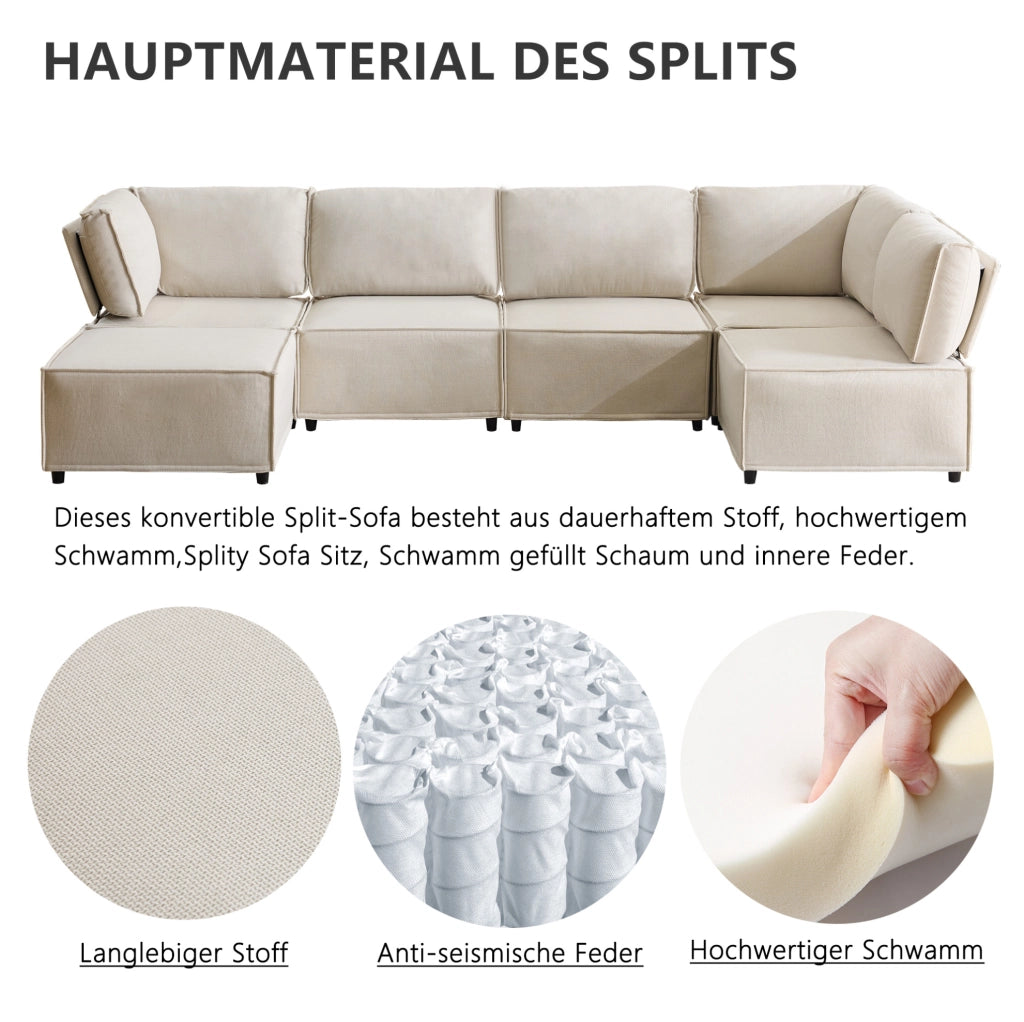 DIVANO angolare modulare 308x152x77 cm a 6 moduli beige con struttura in legno