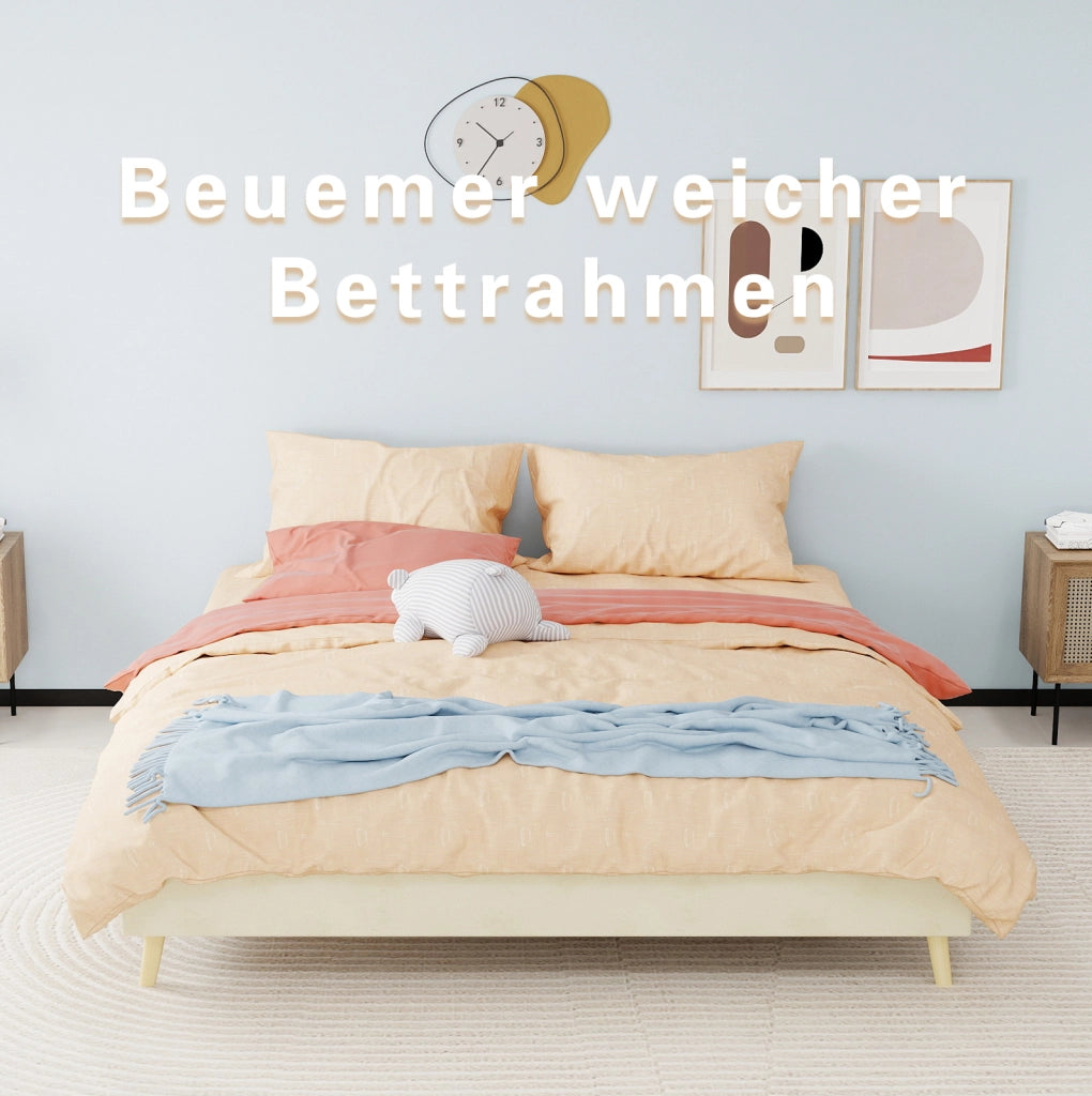 LETTO 160x200 cm in tessuto beige con rete a doghe in legno