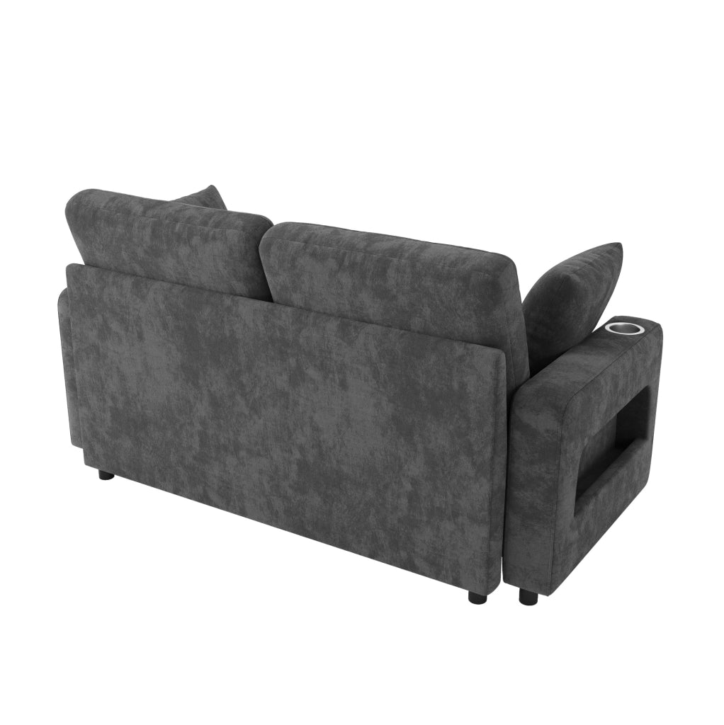 Divano letto 2 posti grigio in ciniglia con LED, USB e vano portaoggetti