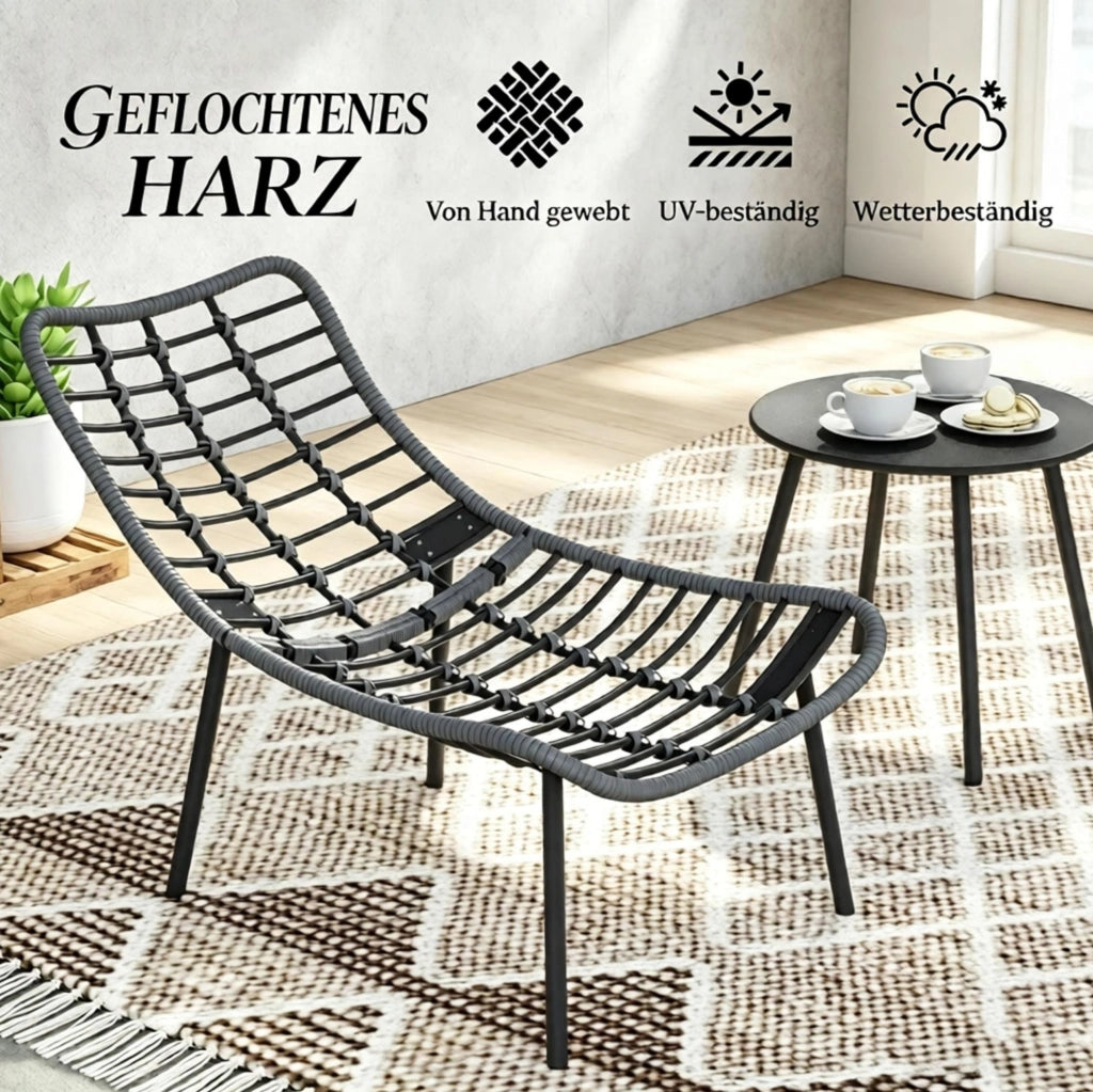 Set da giardino 2 posti grigio in acciaio e resina intrecciata; cuscini 15 cm