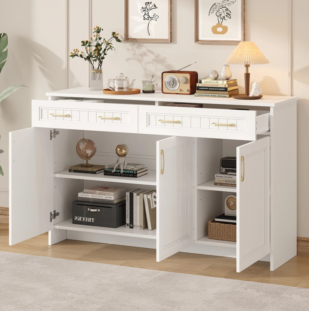 Credenza madia 140x40x90 cm in MDF; con 3 ante e 2 cassetti; con ripiani regolabili; per soggiorno; bianca