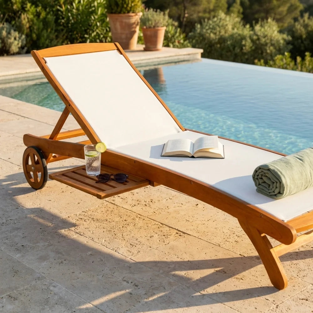 Lettino prendisole Legno con ruote in Legno Textilene Acacia cm 196x63x38 Myron Marrone