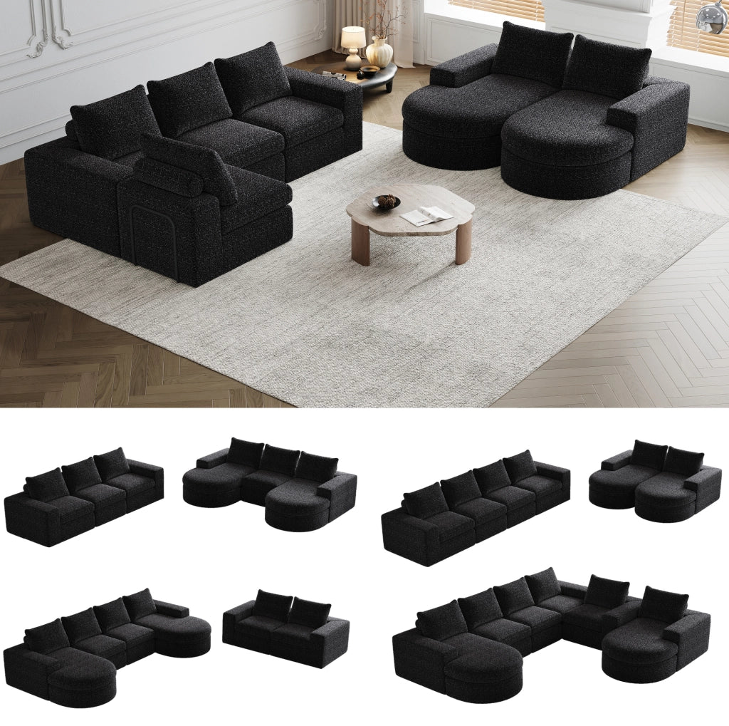 Divano modulare con chaise longue reversibile in ciniglia nera