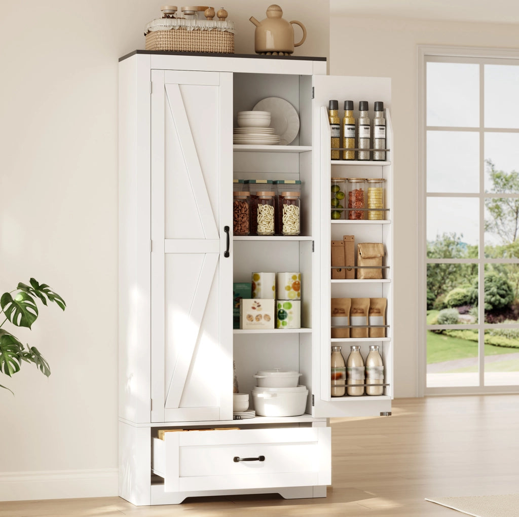 Mobile dispensa alto in MDF bianco con 2 ante e cassetto, 80x35x183 cm
