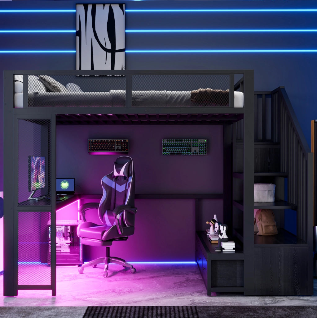 Letto a soppalco 140x200 cm nero con scrivania, LED e cassetti