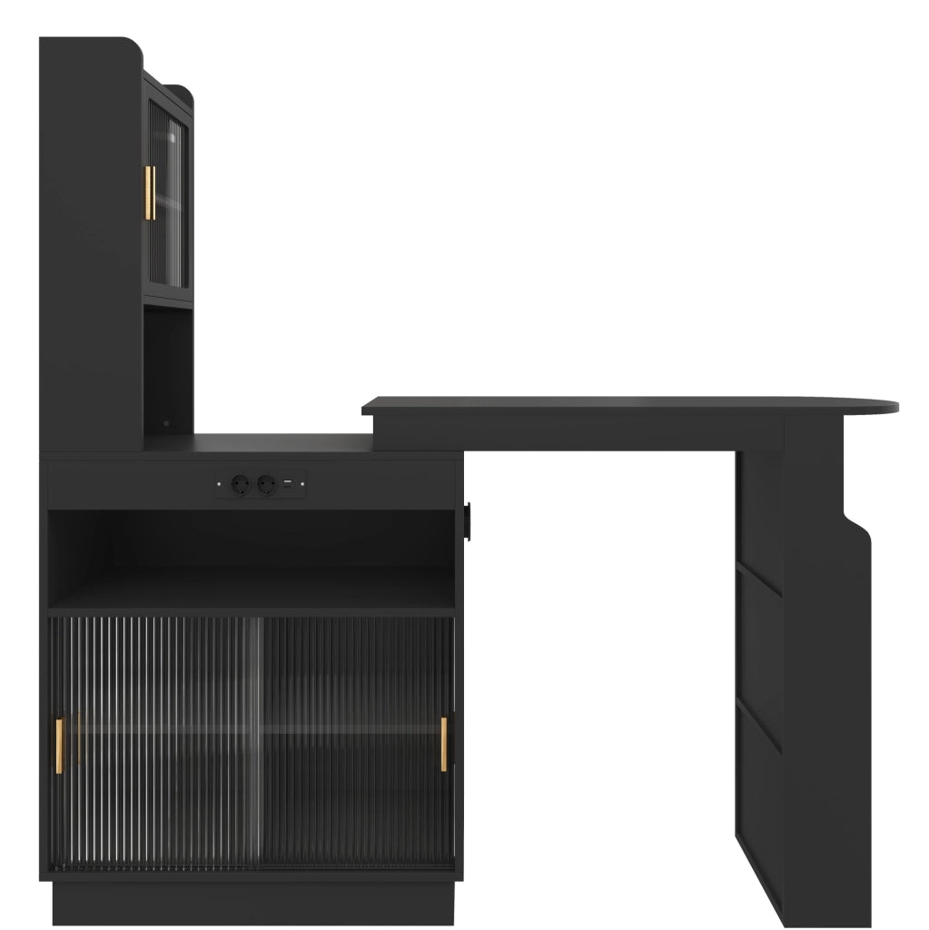 Tavolo bar allungabile con mobile contenitore, LED e prese, nero