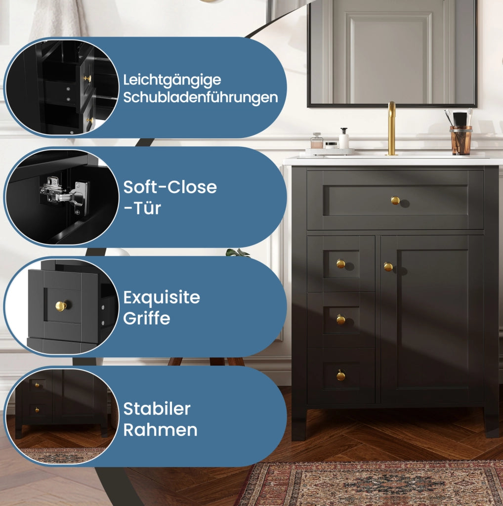 Mobile bagno da terra 61 cm nero lucido con lavabo in ceramica e cassetti