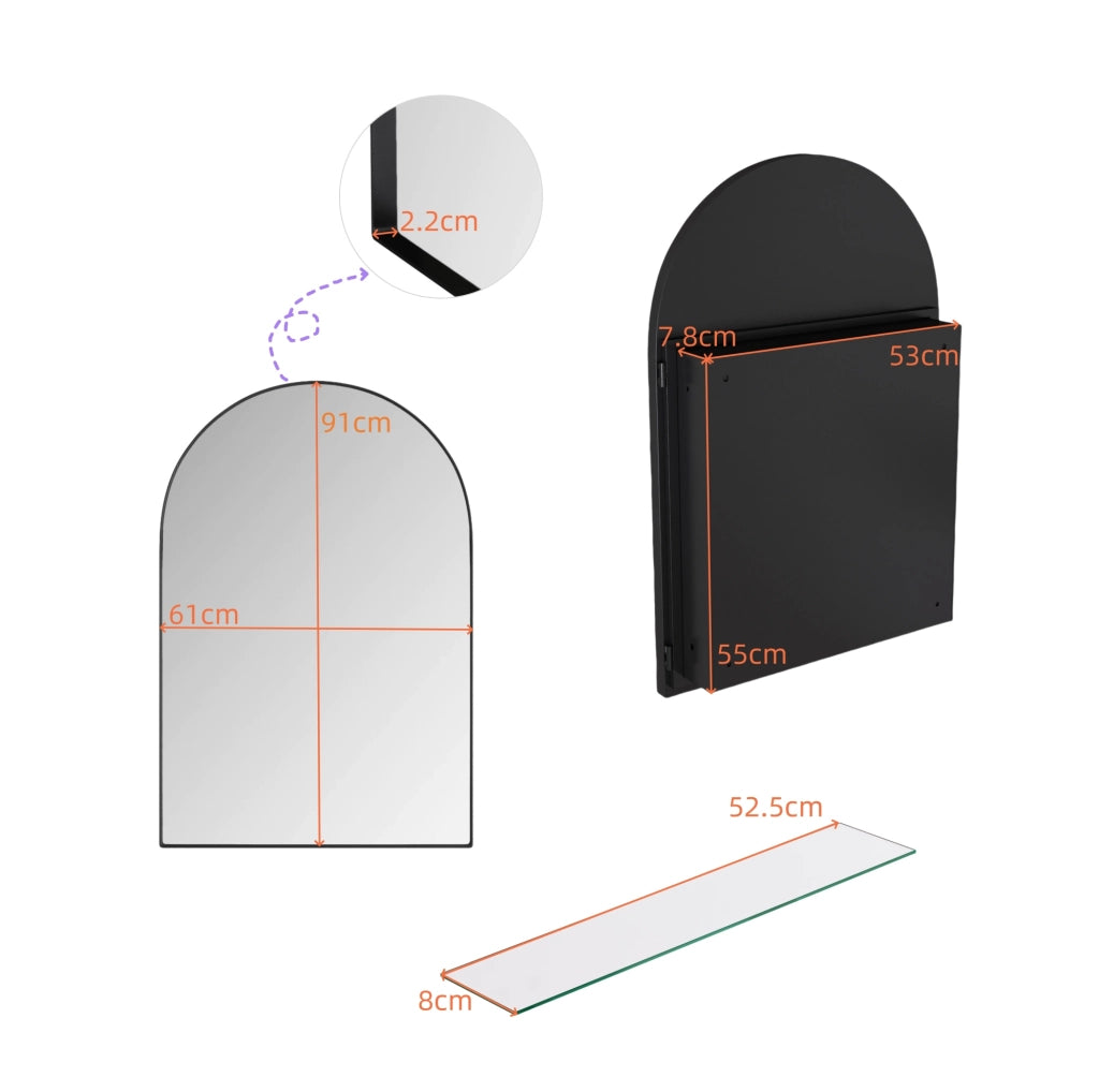 Mobile specchio ad arco 91x61x12 cm, metallo nero, da parete o a incasso