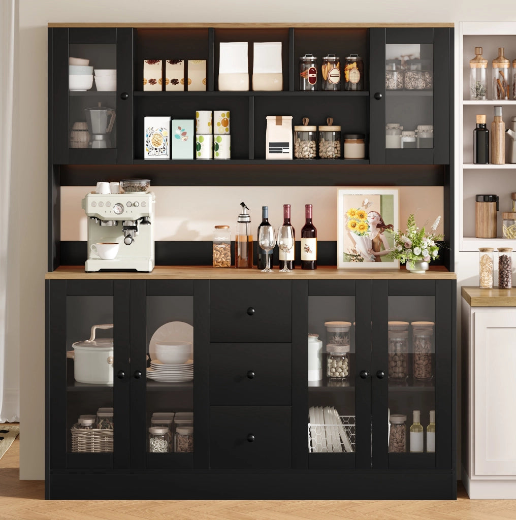 Mobile dispensa da cucina nero e naturale con LED e prese, 150 cm