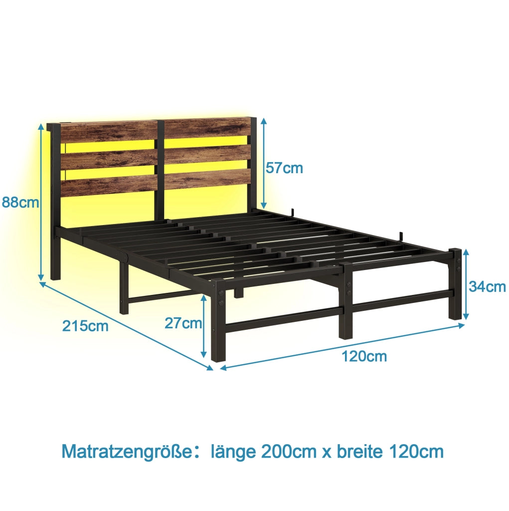 Letto per adulti 120x200 cm con 2 porte USB; LED RGB e spazio sottoletto di 27 cm; in metallo e legno; nero e marrone; senza materasso