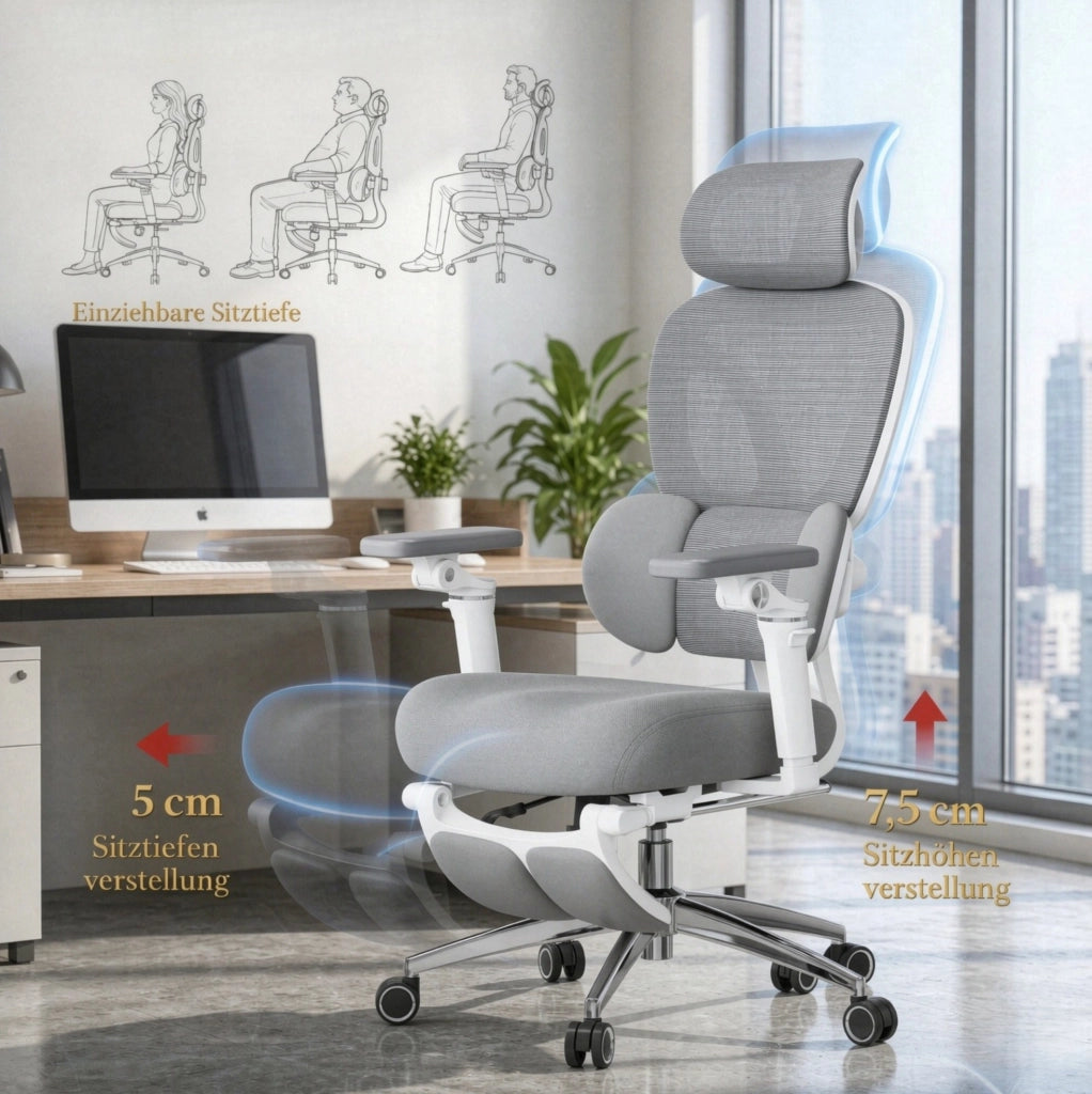 Sedia da ufficio ergonomica grigia con poggiapiedi estraibile