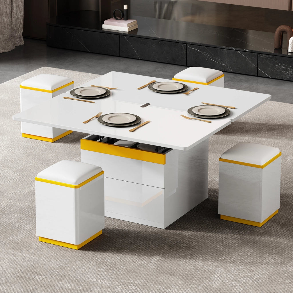 Tavolino elevabile 100x50x43 cm in MDF e PB bianco e giallo con vani