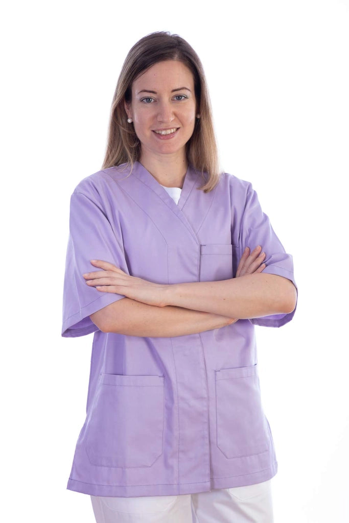 Camice da laboratorio color lavanda, taglia XL, scollatura a V, maniche corte, con 5 bottoni, 60% cotone