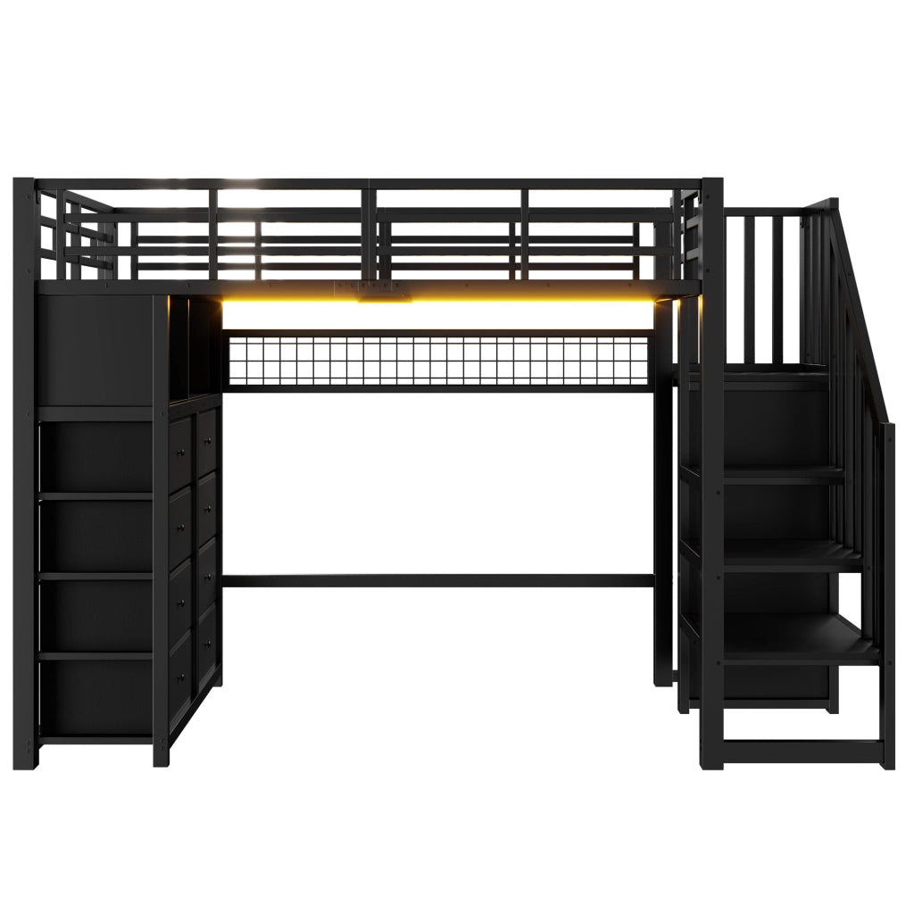 Letto a soppalco 90 x 200 cm nero con 8 cassetti, scala contenitore e illuminazione