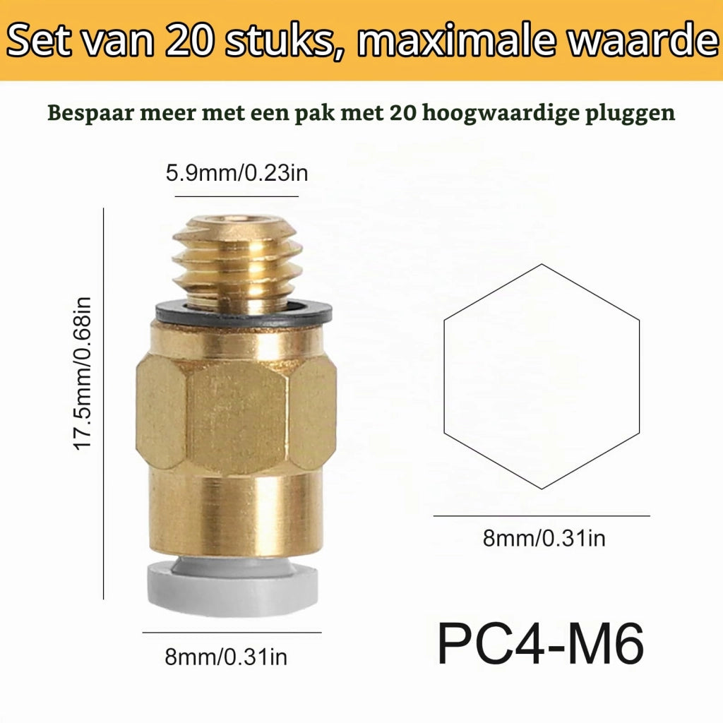 20 connettori in PTFE PC4-M6 per tubi da 4 mm