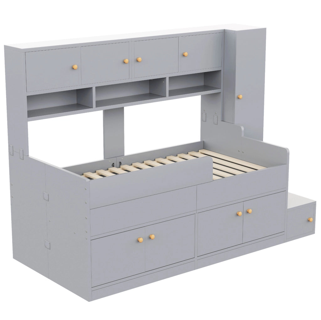 Letto per bambini 90 x 200 cm grigio con contenitori, armadio, scala e luci LED