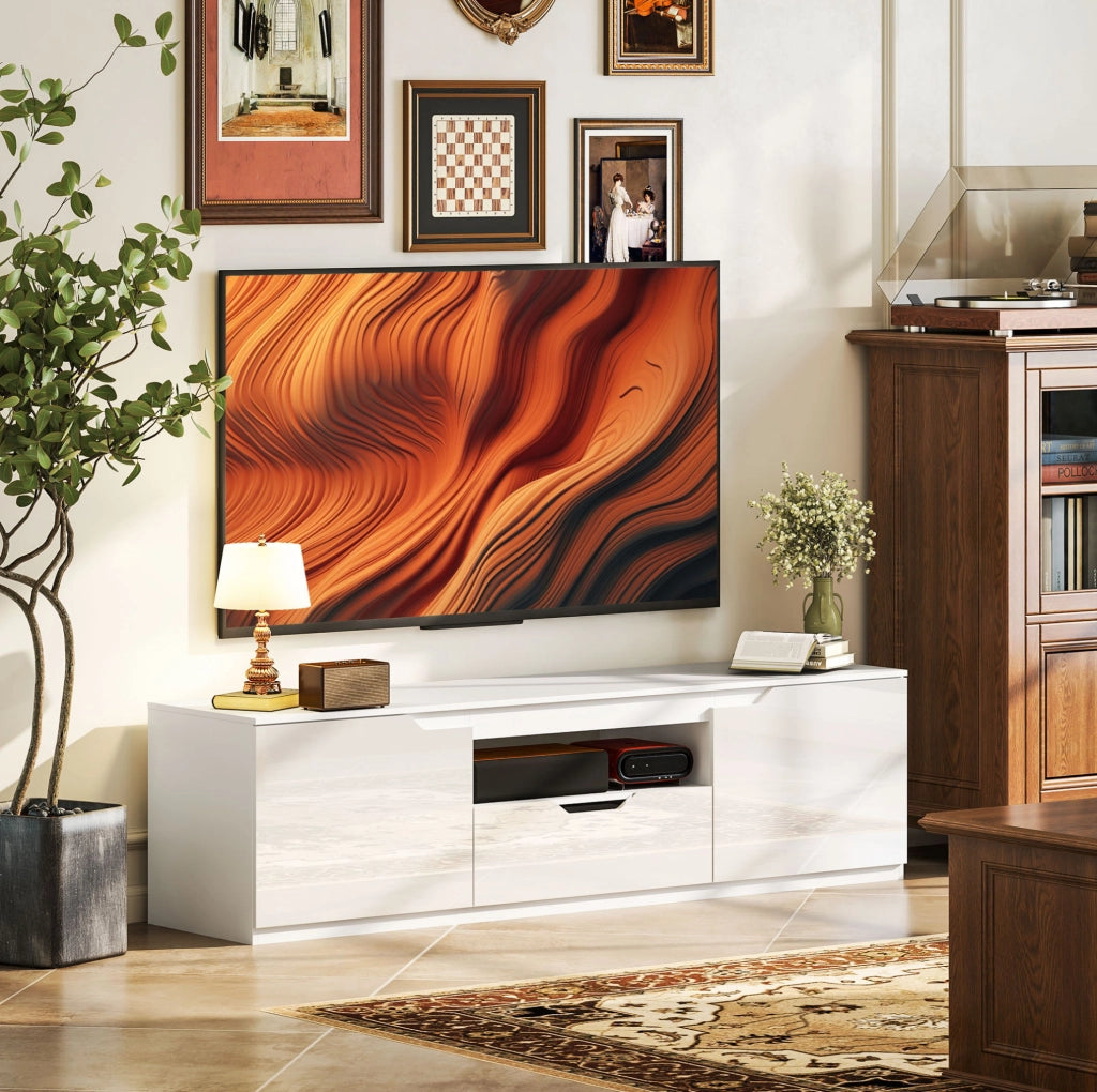 Mobile TV basso 160 cm in legno bianco con 2 ante, cassetto e passacavi