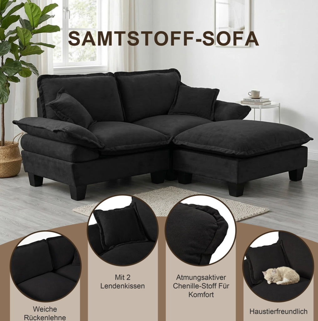 DIVANO Modulare 224x82x90 cm in Chenille Nero con USB e portabicchieri
