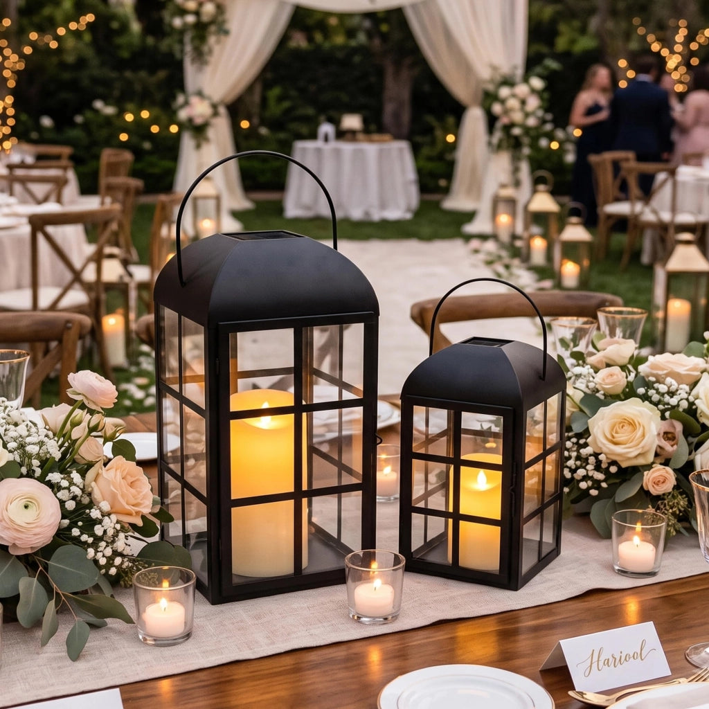 Set di 2 lanterne per candele, altezza 35 cm e 26 cm, in metallo, colore nero