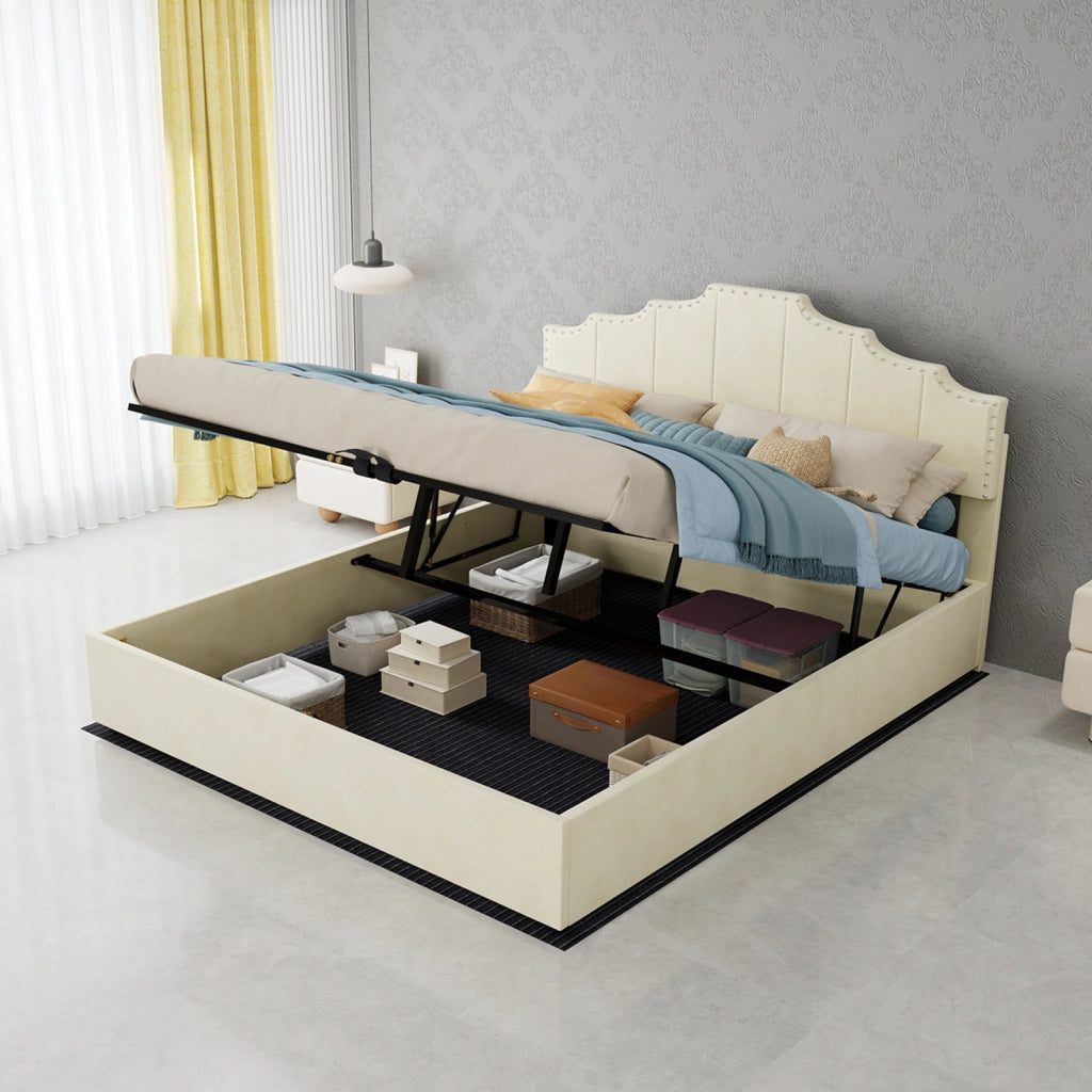 Letto matrimoniale imbottito 160x200 beige con contenitore