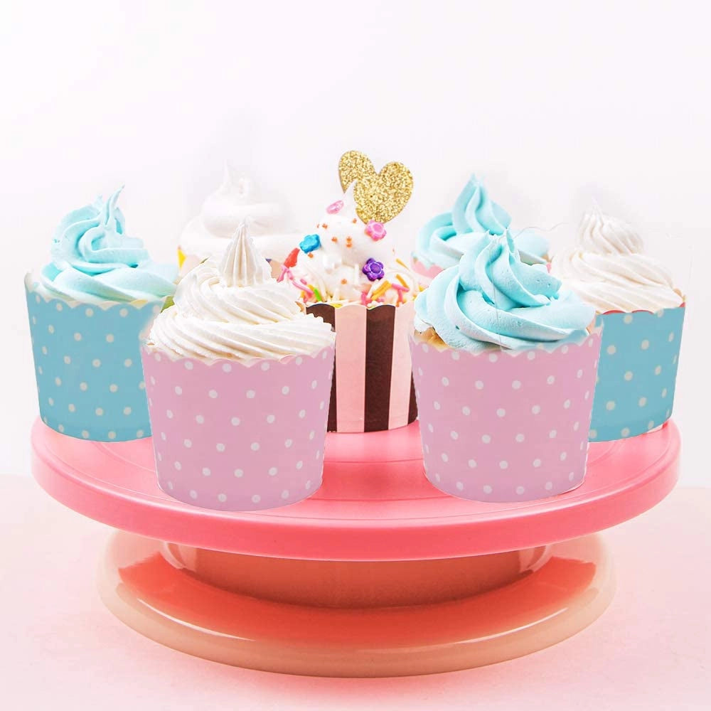 100 stampini di carta per cupcake, con pois, blu/rosa