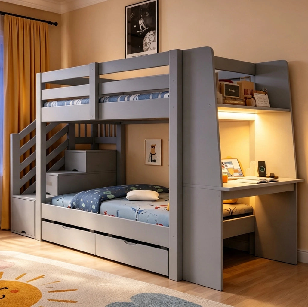 Letto a castello 90 x 200 cm grigio con scrivania, scala contenitore e luci LED