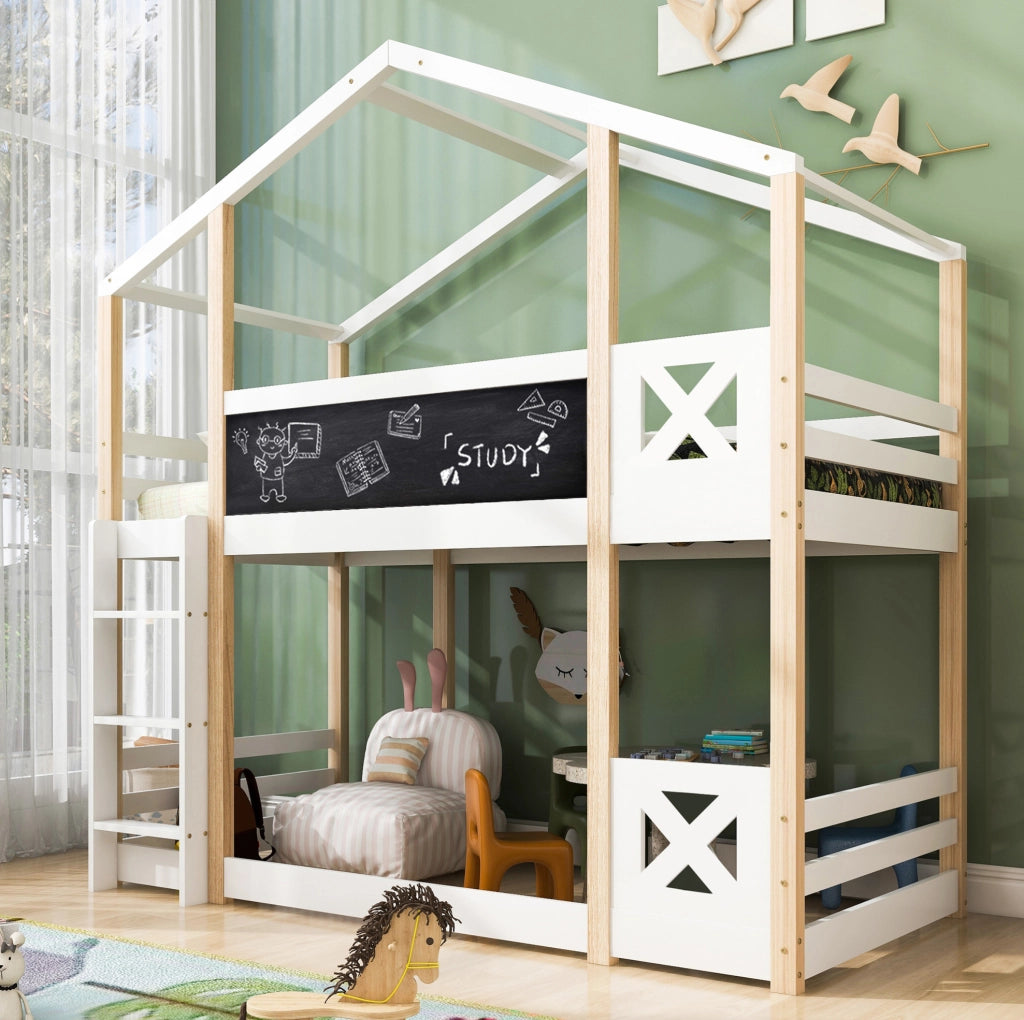 Letto a castello per bambini 90x200 cm con scala, tetto e rete a doghe in legno bianco per cameretta, senza materasso