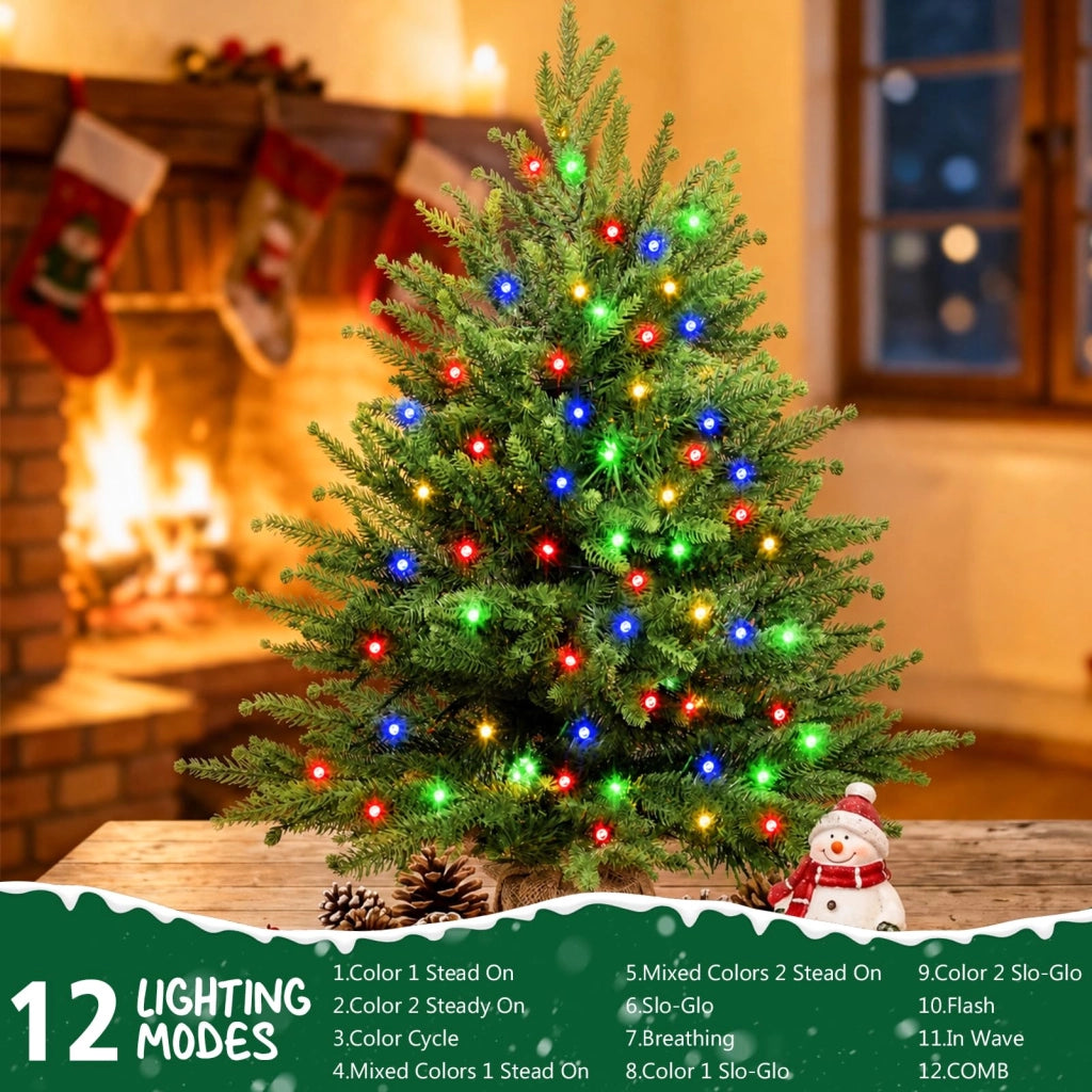 Albero di Natale artificiale mini, 60 cm, con timer, base in iuta e 40 luci a LED