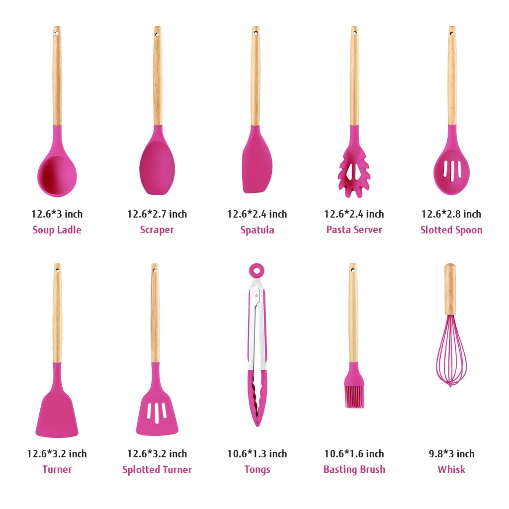 Set di accessori da cucina, 10 pezzi, in silicone, con manici in legno, colore rosa