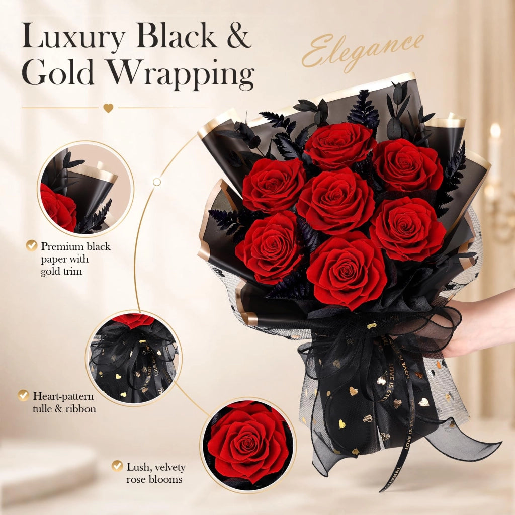 Composizione floreale con 7 rose rosse a lunga durata, elegantemente confezionata in nero