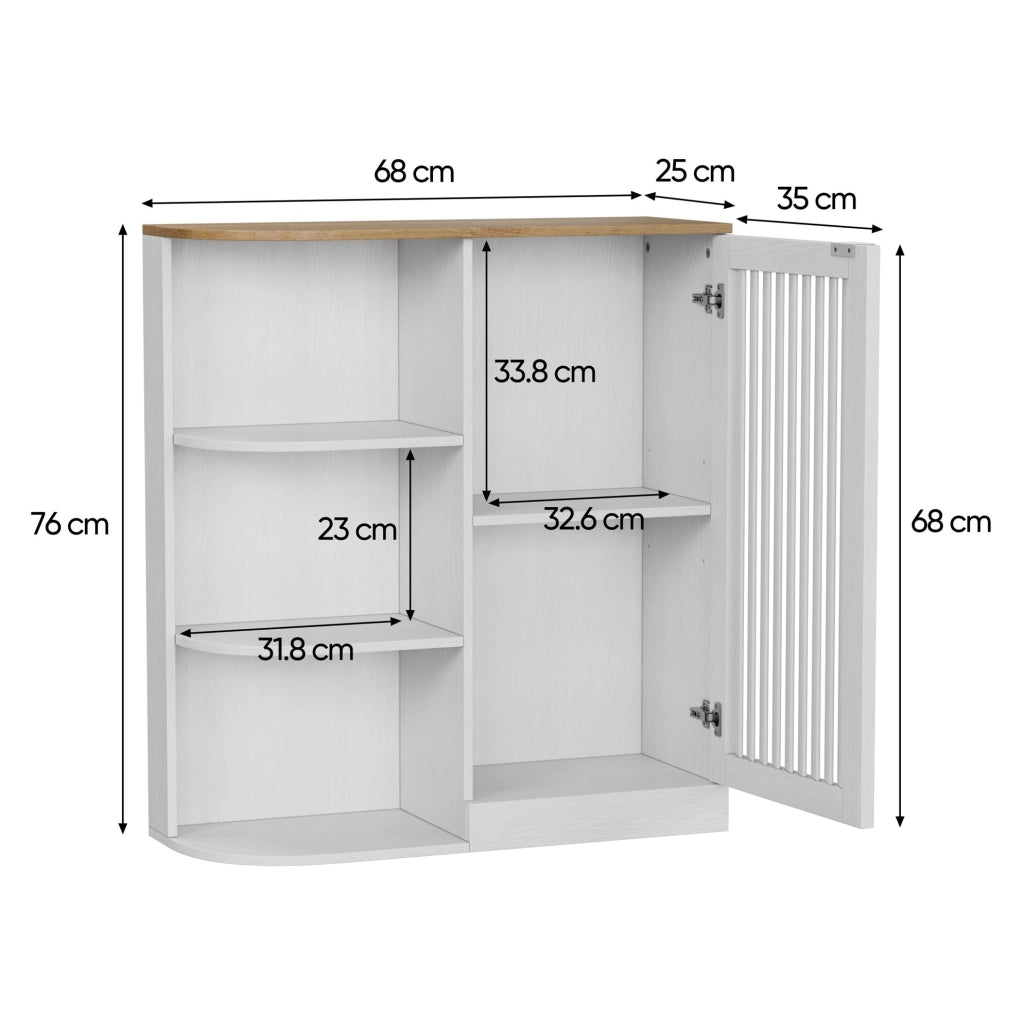 Scaffale angolare bagno 68x25x76 cm MDF bianco e rovere, ripiano aperto