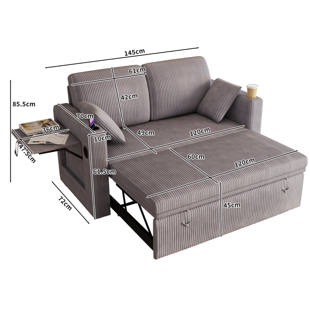 Poltrona letto 3 in 1 in velluto a coste grigio con USB