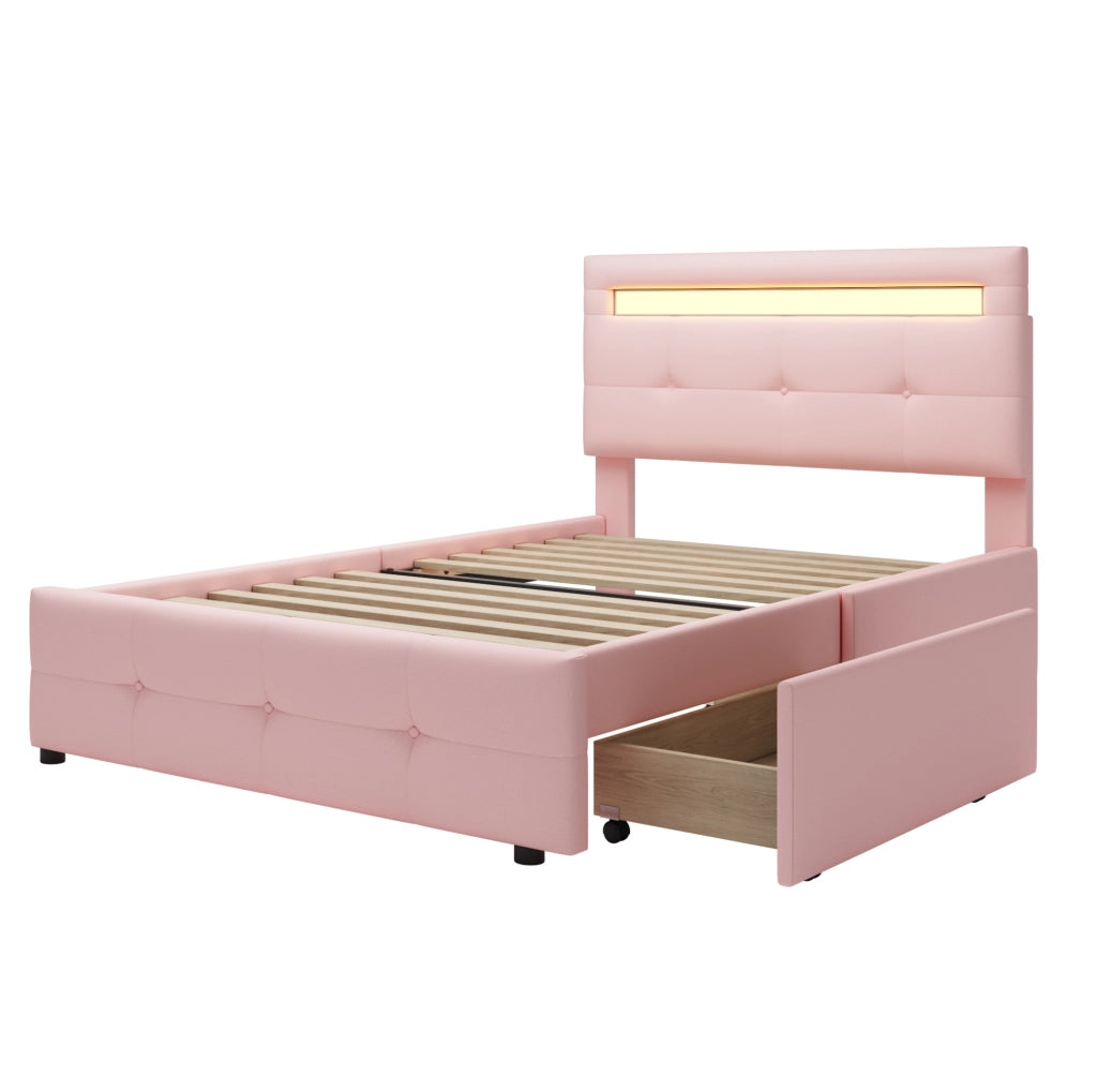 Letto contenitore per bambini 90x200 cm con testiera regolabile, rete a doghe e LED in tessuto rosa, per cameretta, senza materasso